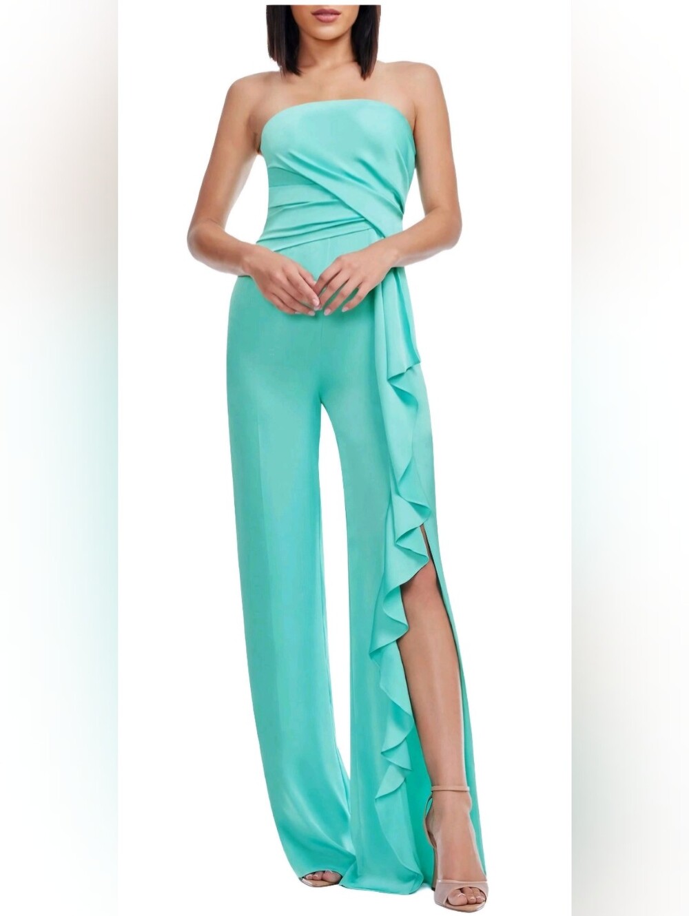 Dress The Population Strapless Aqua Wide-Leg Jumpsuit with Side Ruffle Medium